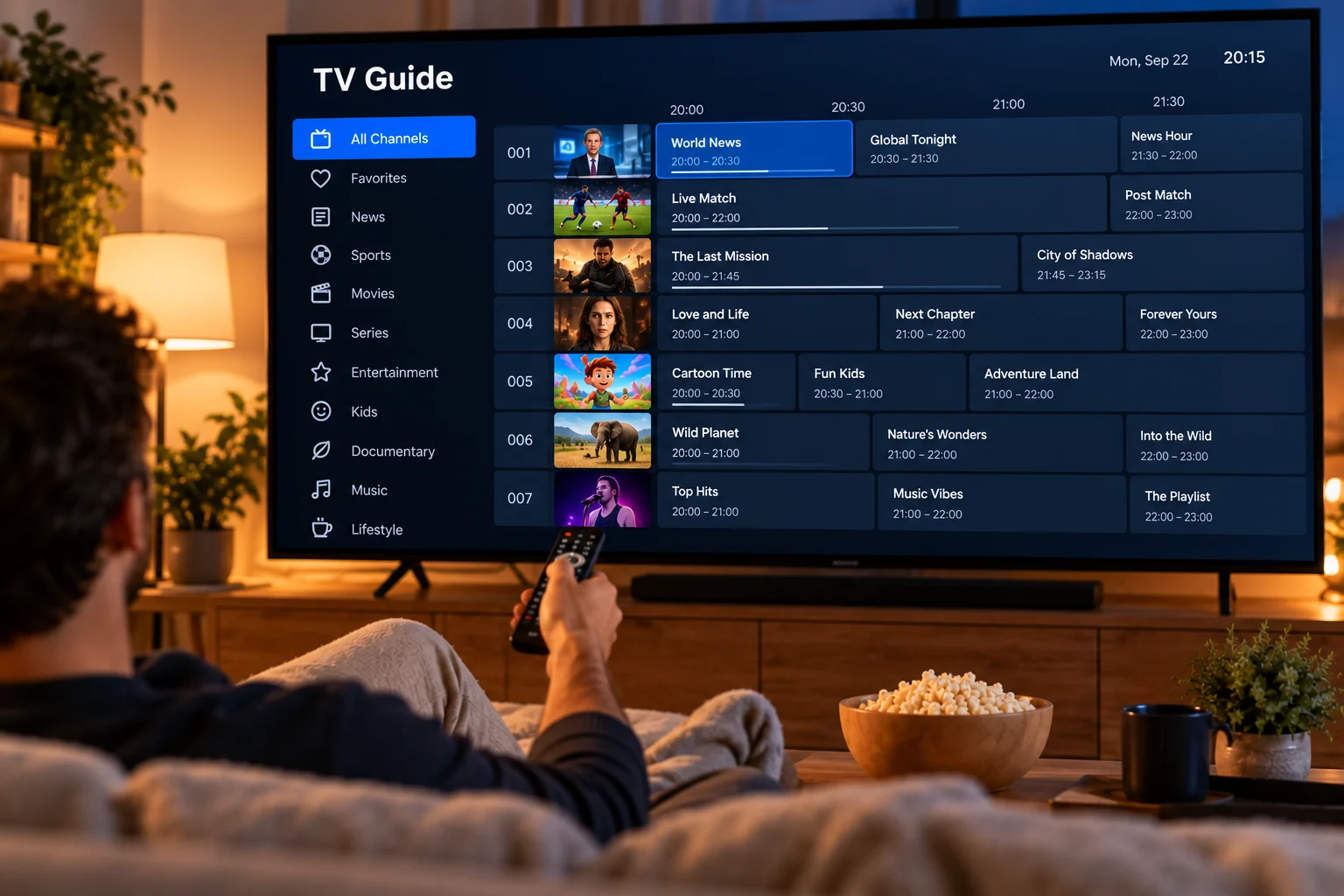 TV screen showing a channel guide sorted by category