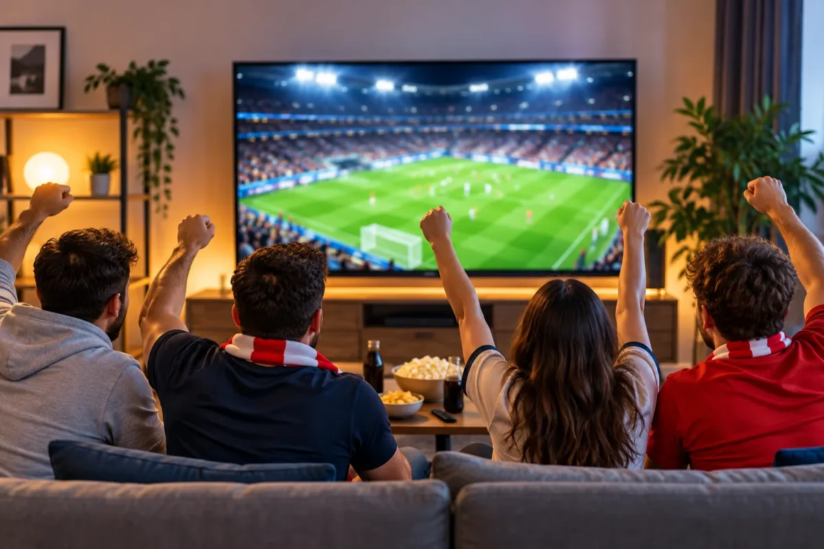 Friends watching live sports with an IPTV subscription